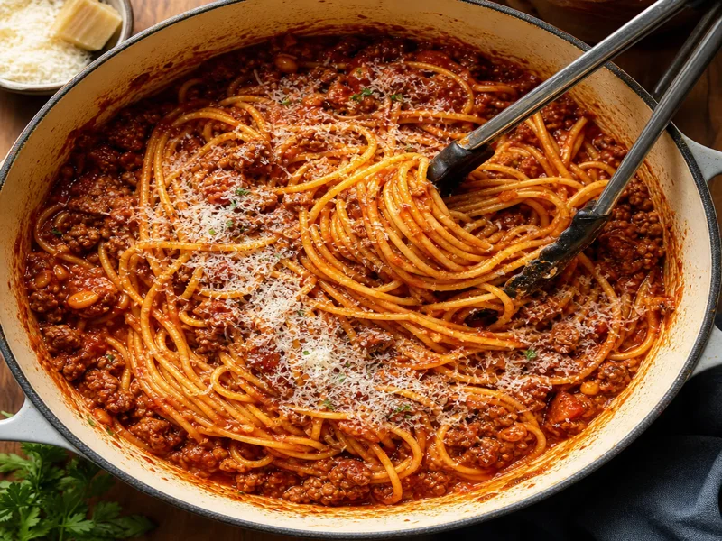 Spaghetti tossed with rich Bolognese sauce and Parmigiano-Reggiano twirled on a plate with fresh basil