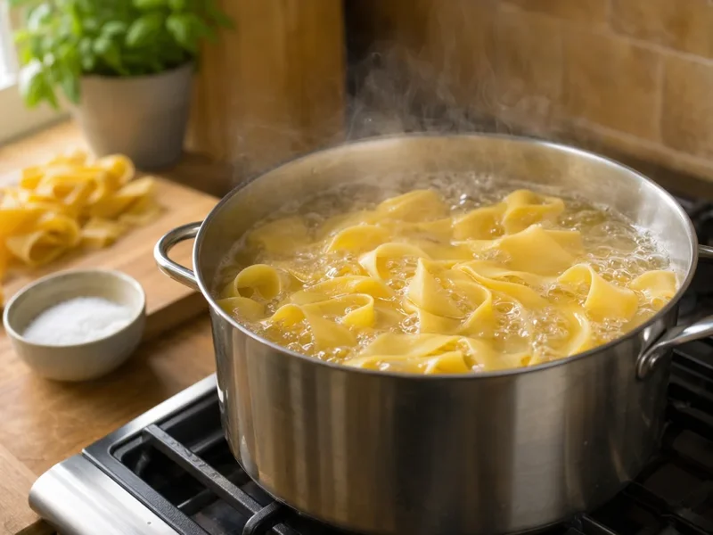 Cottura delle pappardelle in una grande pentola di acqua salata bollente