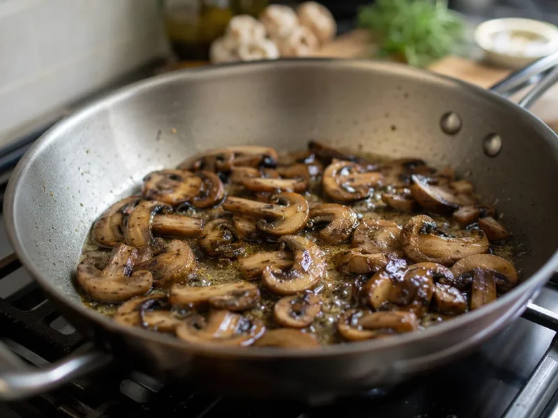 Soffriggere i funghi cremini a fette nel burro e olio d’oliva in una grande padella fino a doratura