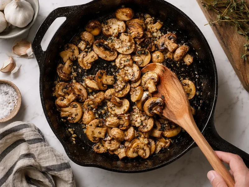 Funghi dorati con aglio tritato mescolati nella padella