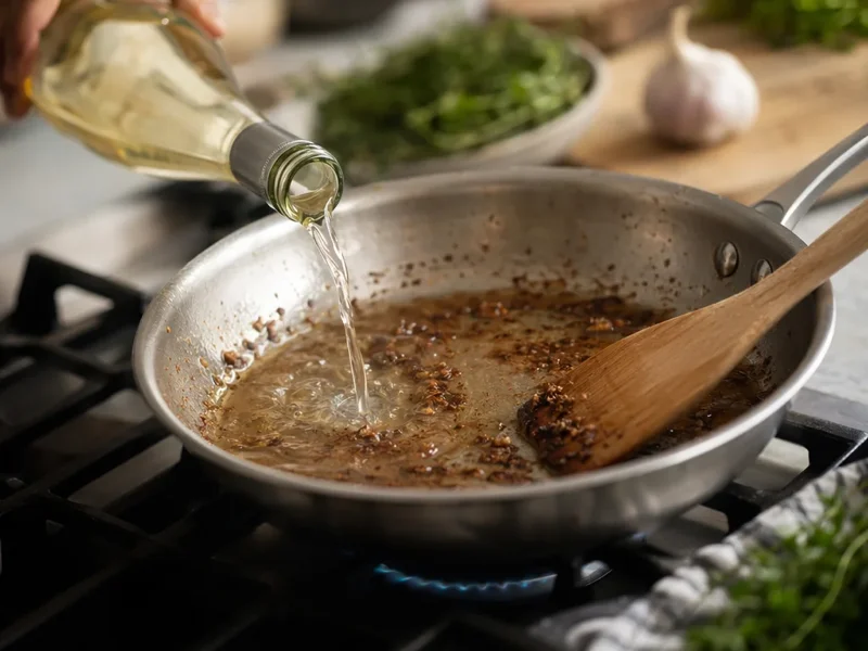 Sfumare la padella con il vino bianco e staccare i fondi di cottura dal fondo