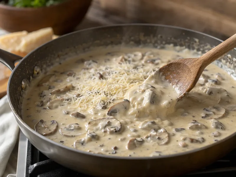 Panna densa che sobbolle con i funghi e Parmigiano mescolato per creare una salsa setosa