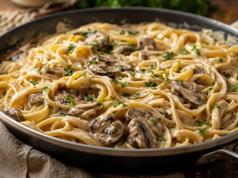 Pasta ai funchi cremosa finita nella padella con salsa setosa che avvolge ogni filo di pasta