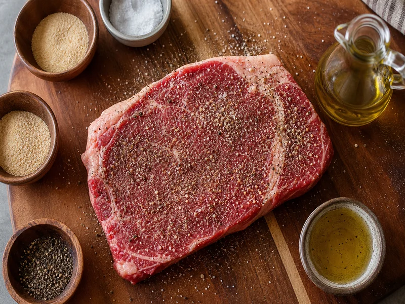 Searing seasoned sirloin steak in cast iron skillet over high heat