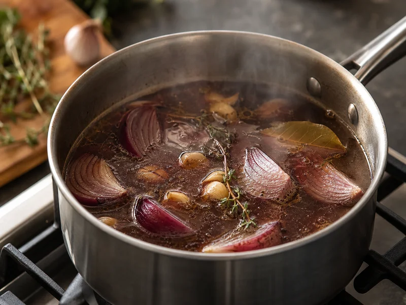 Simmering beef broth red wine and aromatics for au jus in saucepan
