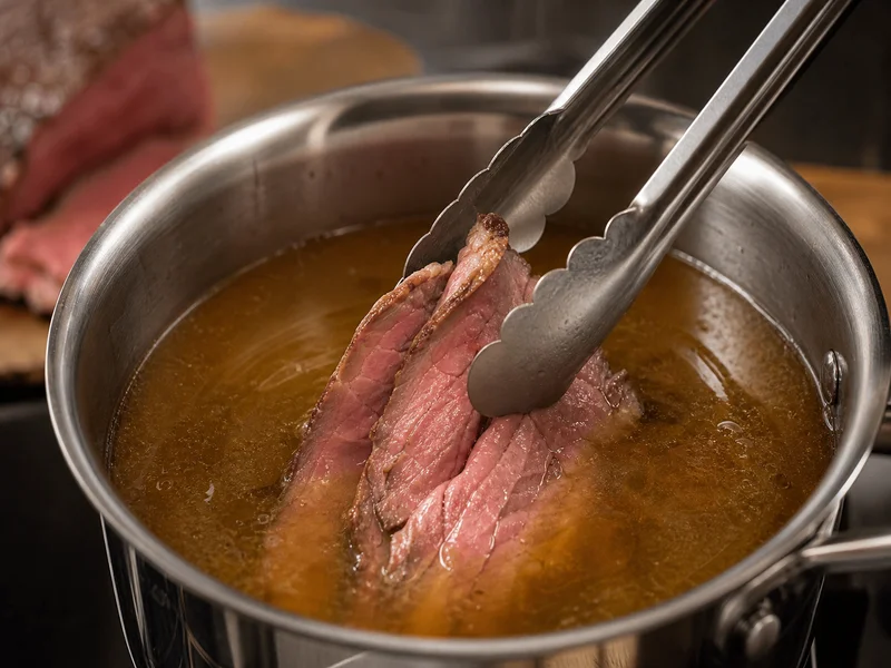 Dipping sliced roast beef into warm au jus with tongs