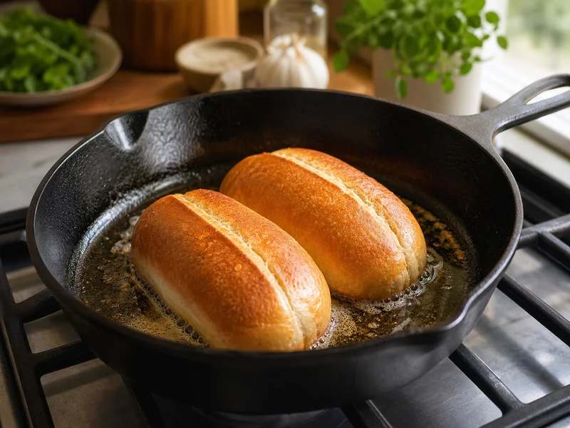 Toasting buttered hoagie rolls cut side down in skillet until golden