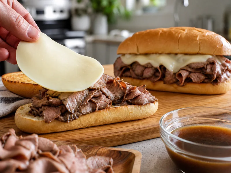 Layering sliced roast beef and provolone cheese on toasted hoagie roll