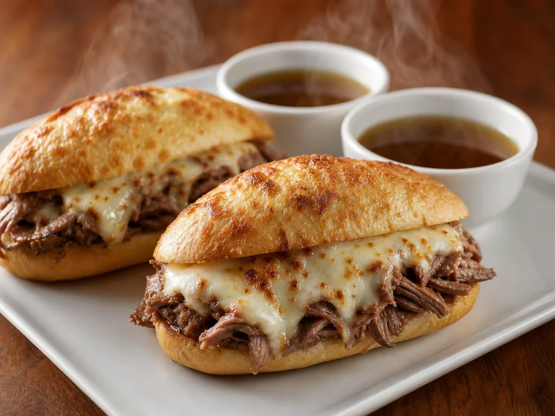 Finished French dip sandwiches with melted cheese served with bowls of au jus for dipping