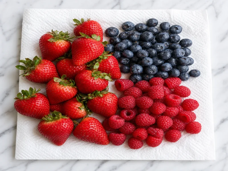 Fresh strawberries, blueberries and raspberries rinsed and patted dry on a paper towel