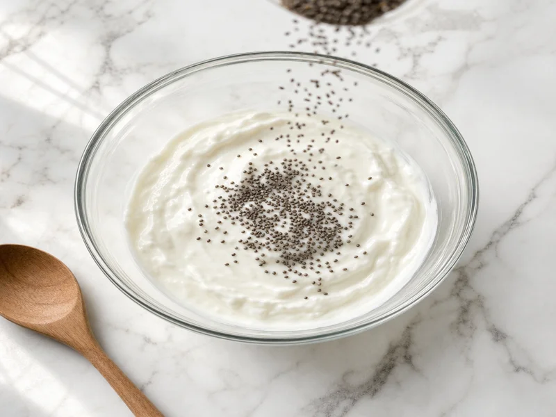 Chia seeds being stirred into a bowl of plain Greek yogurt