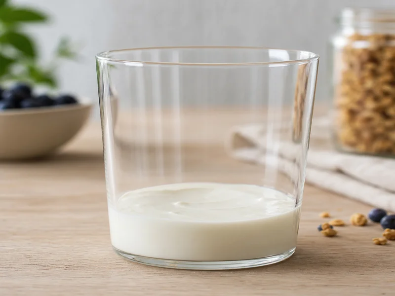 First layer of Greek yogurt spooned into the bottom of a tall glass