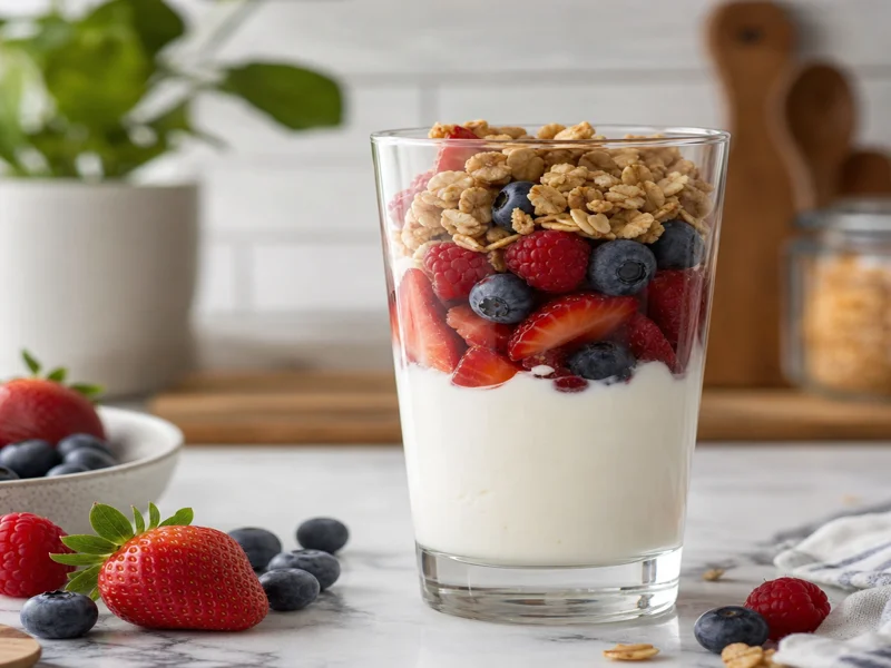 Layer of fresh berries and granola added on top of the first yogurt layer
