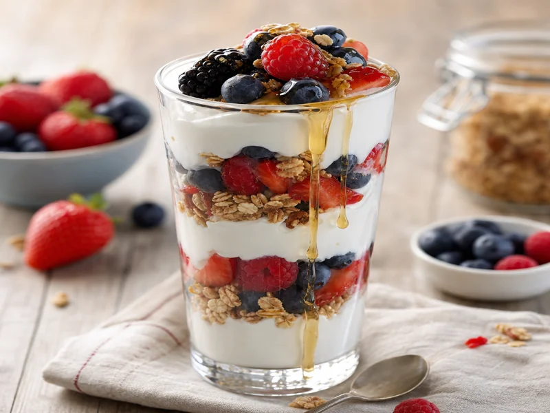 Second layer of yogurt topped with more berries, granola and a honey drizzle