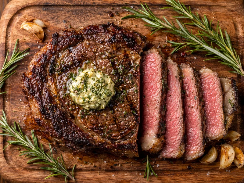 Gegrilltes Ribeye-Steak mit Kräuter-Knoblauch-Butter
