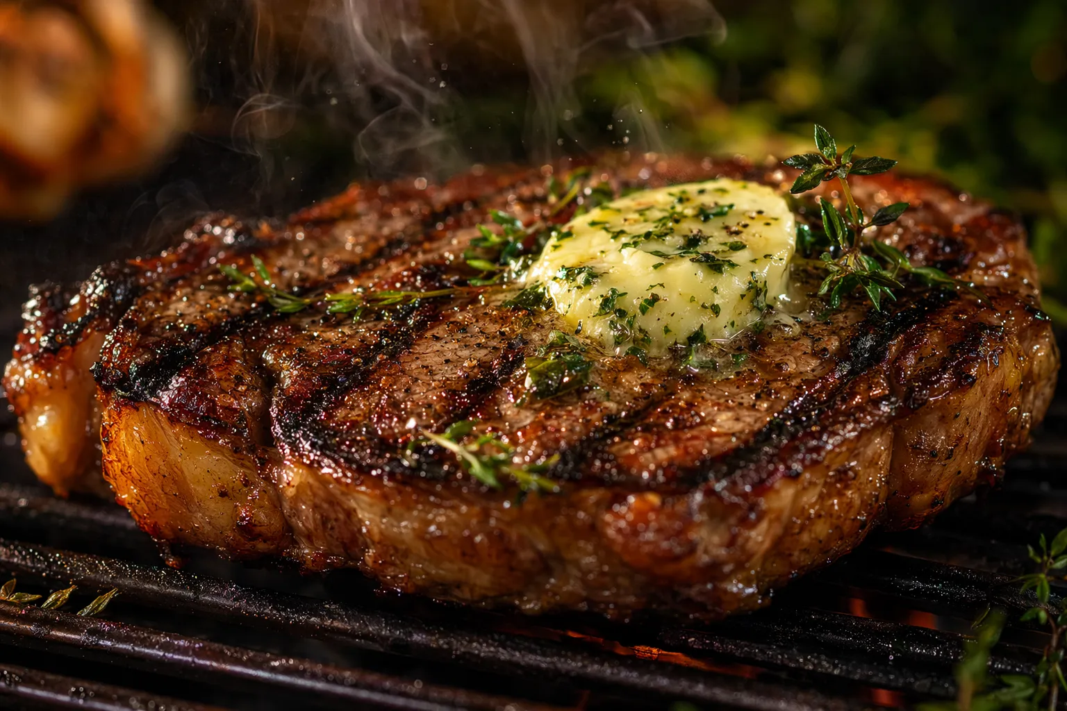 Gegrilltes Ribeye-Steak mit Kräuter-Knoblauch-Butter