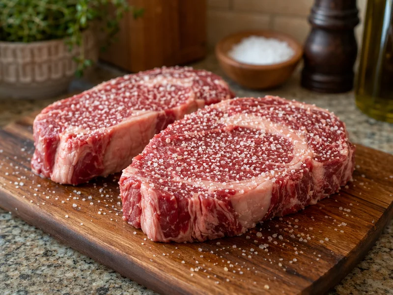Rohe Rumpsteaks mit grobem Salz gewürzt auf einem Schneidebrett ruhen