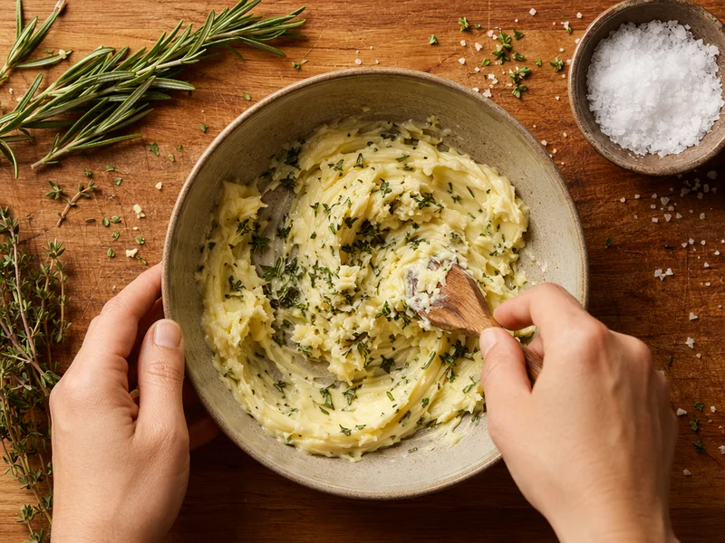 Kräuter-Knoblauch-Butter mit frischem Rosmarin und Thymian auf dem Schneidebrett mischen