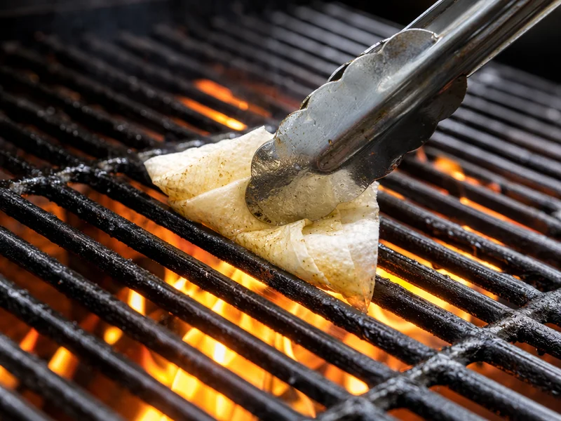 Heiße Grillroste mit Küchenpapier und einer Zange einölen