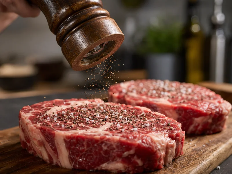 Frischen schwarzen Pfeffer auf die Rumpsteaks mahlen vor dem Grillen