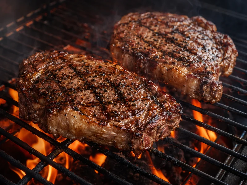 Rumpsteaks braten auf einem heißen Grill mit Flammenmarkierungen