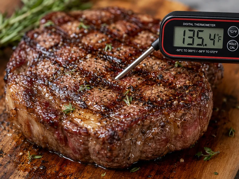 Fleischthermometer zeigt die Temperatur des gegrillten Rumpsteaks an