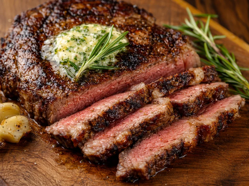 Gegrilltes Rumpsteak mit schmelzender Kräuter-Knoblauch-Butter belegt, ruhend auf dem Schneidebrett