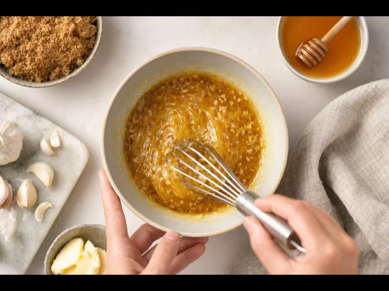 خلط طلاء العسل مع السكر البني والزبدة والثوم وخردل ديجون في وعاء