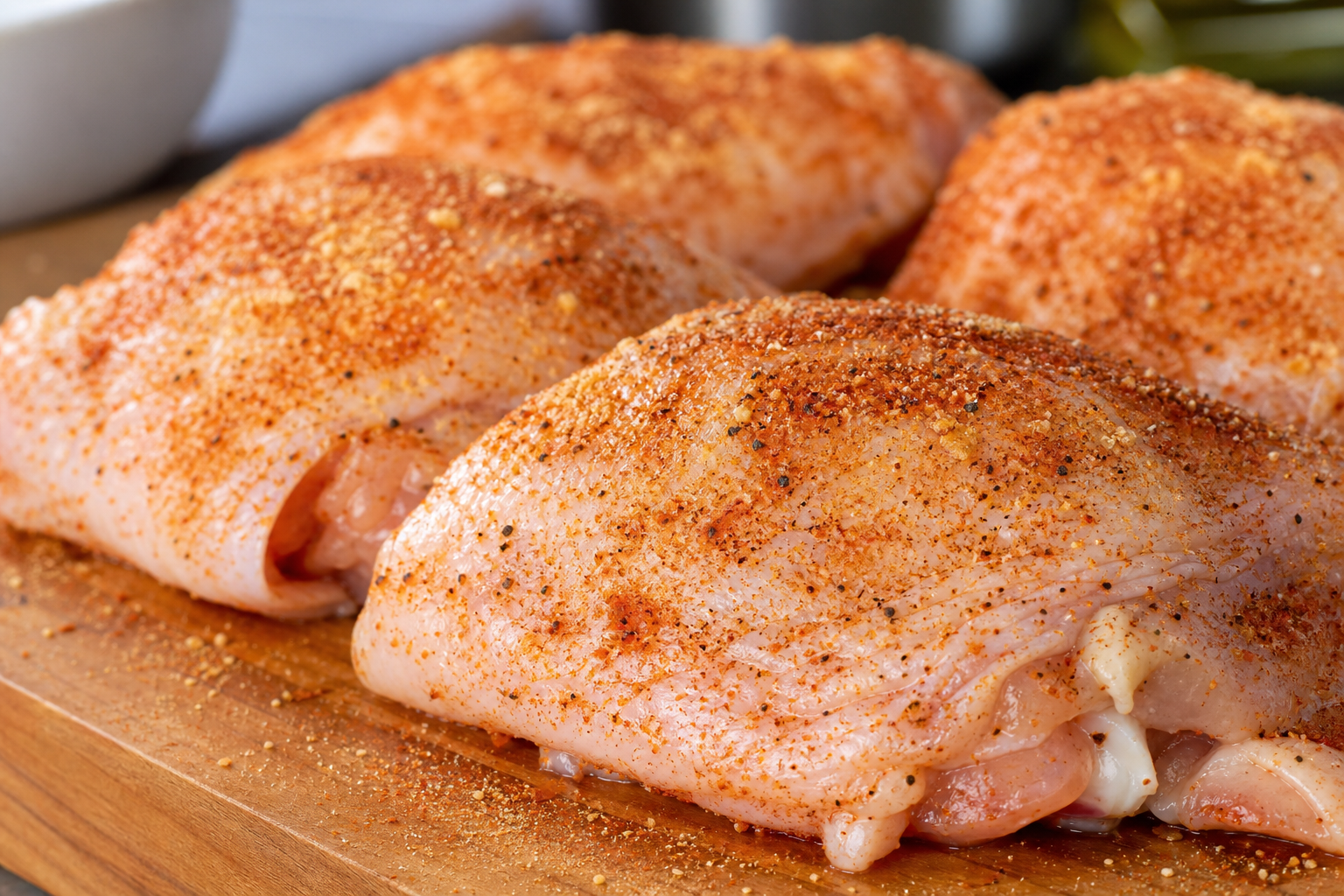 Raw chicken thighs seasoned with smoked paprika and garlic powder on a cutting board