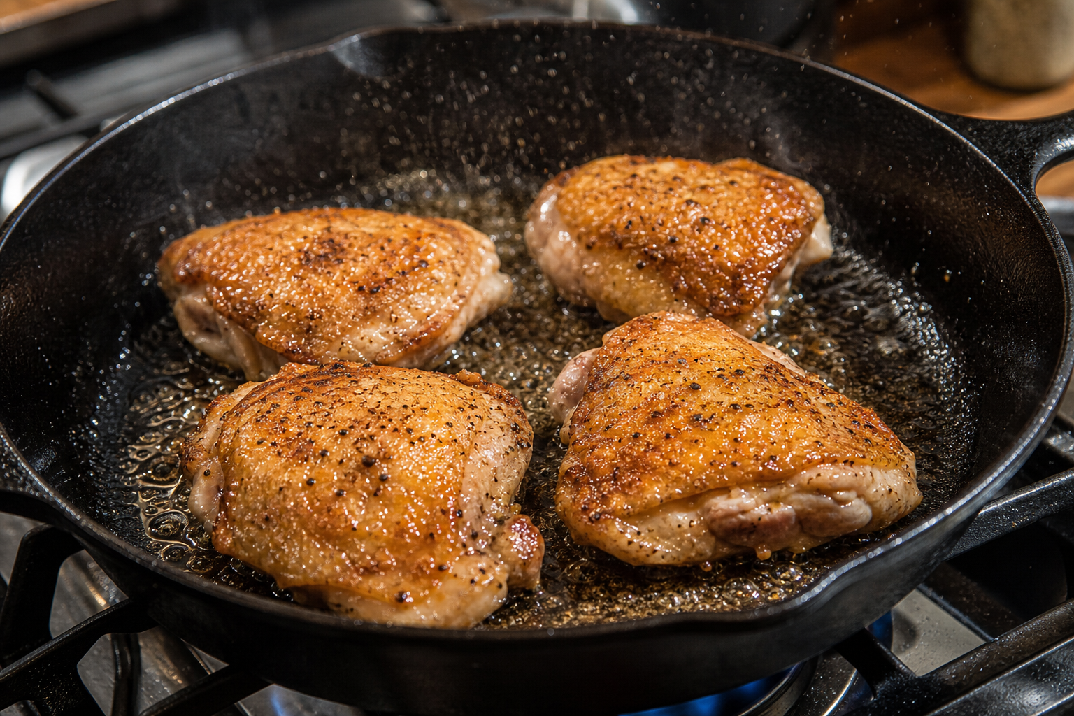 Chicken thighs searing skin-side down in a cast iron skillet