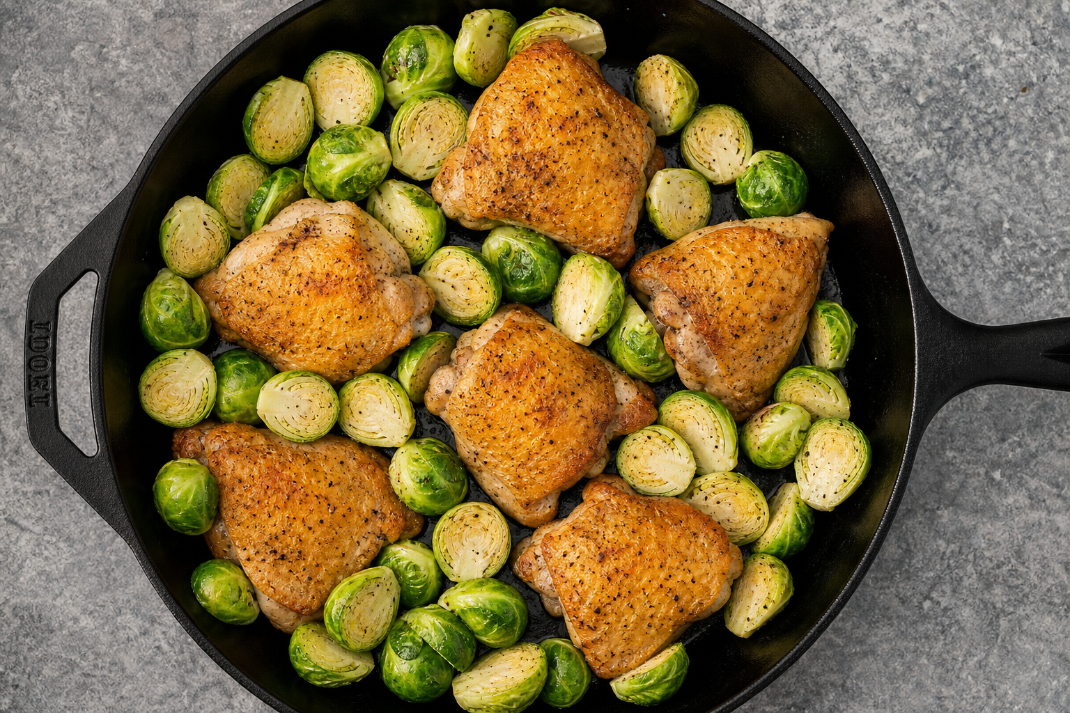 Flipped chicken with Brussels sprouts arranged around it in the skillet