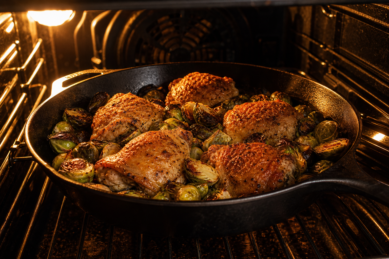 Skillet with chicken and Brussels sprouts roasting in the oven