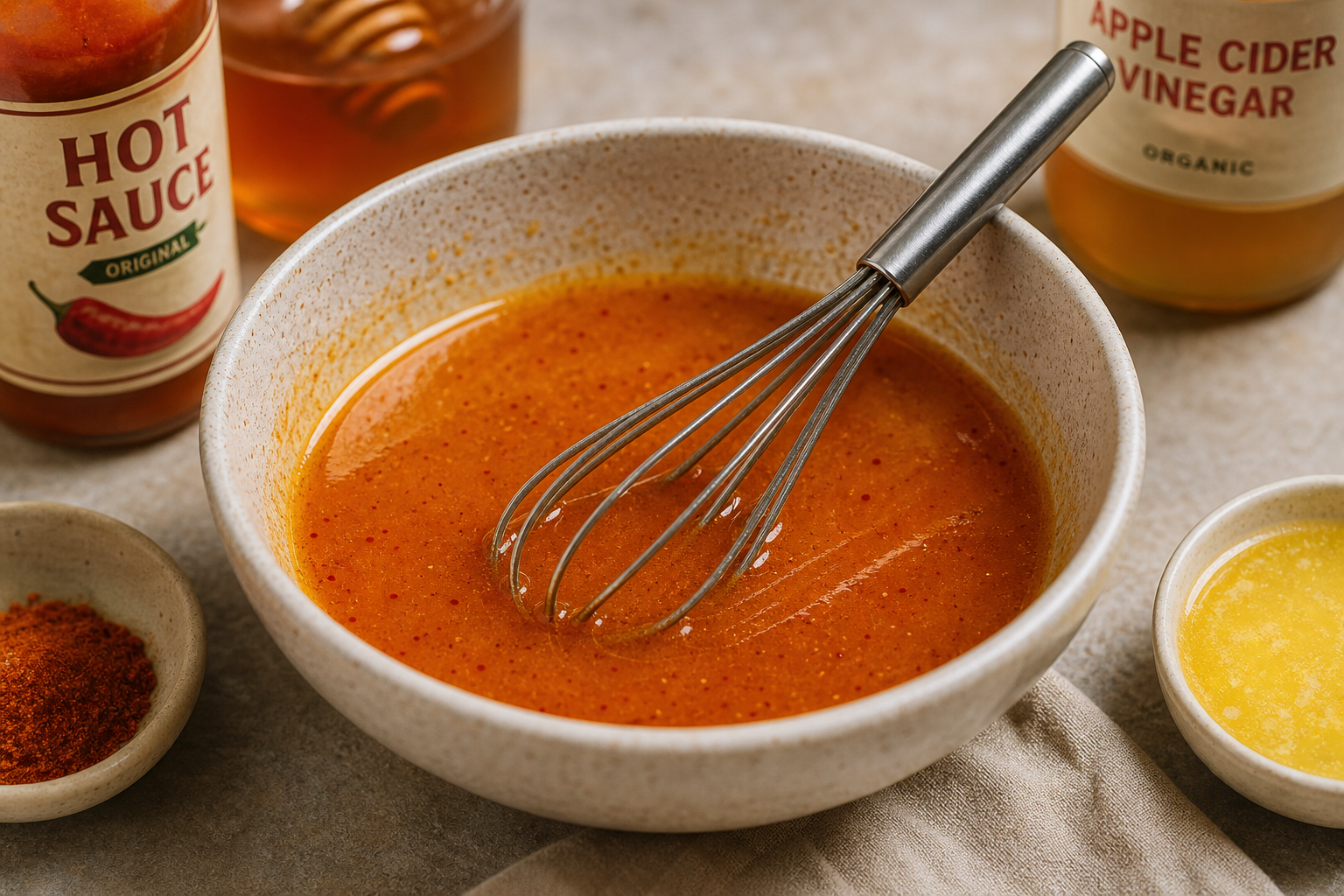 Whisking hot honey glaze ingredients in a small bowl