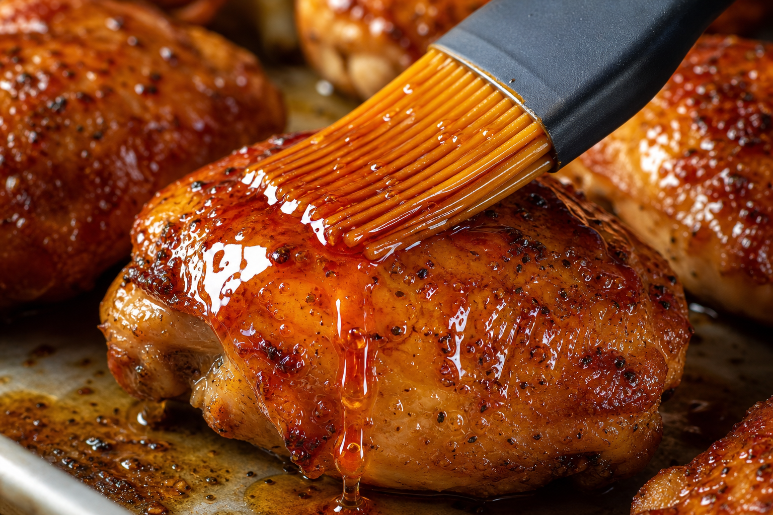 Brushing hot honey glaze onto roasted chicken thighs