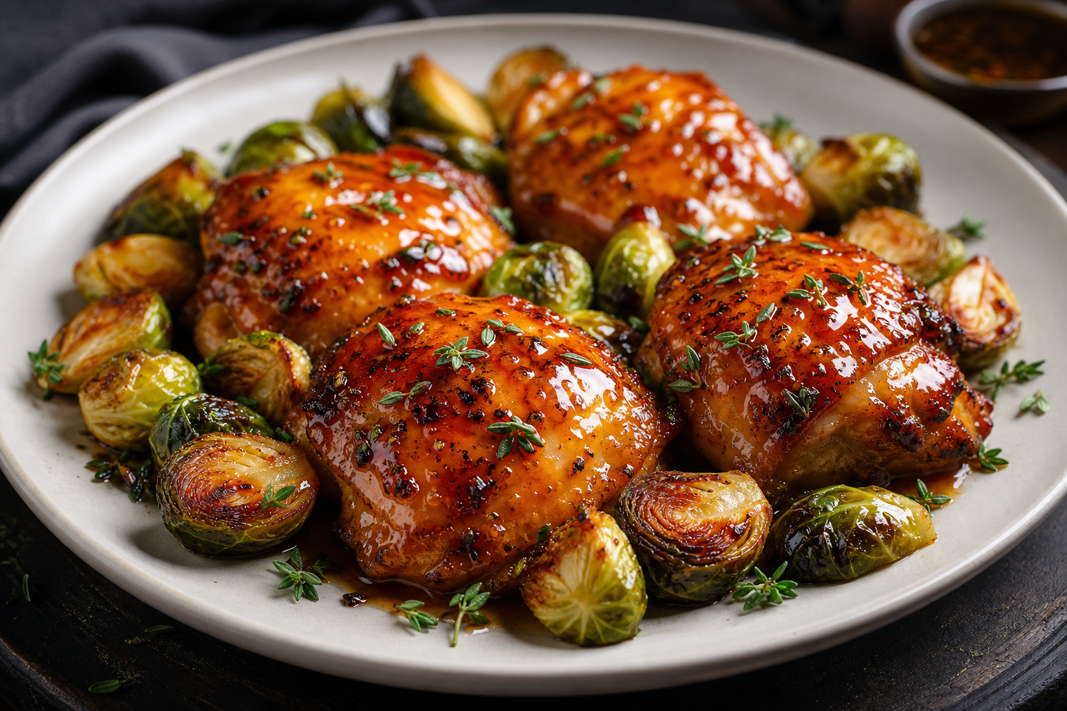 Finished hot honey chicken with glazed Brussels sprouts on a serving plate