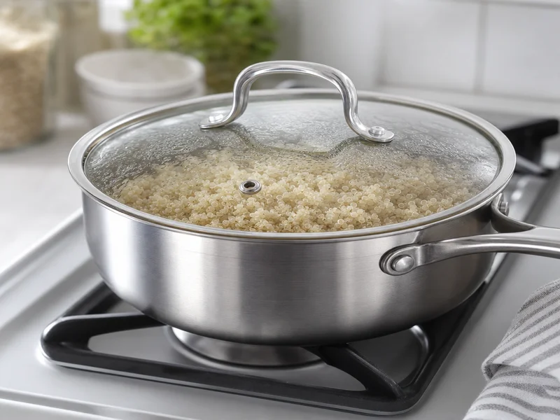 Quinoa simmering in a covered saucepan with water absorbing into the grains