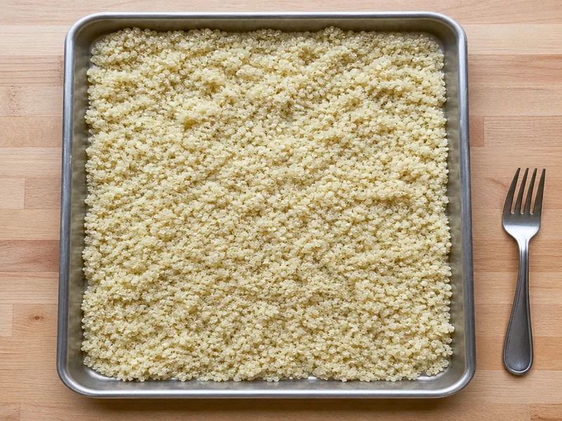 Cooked fluffy quinoa spread on a sheet pan to cool