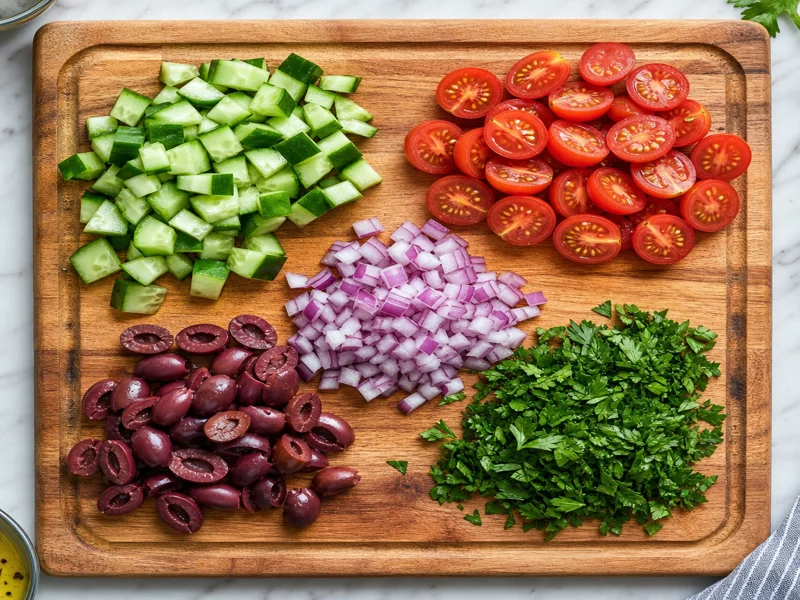 Diced cucumber halved cherry tomatoes red onion and olives on a wooden cutting board