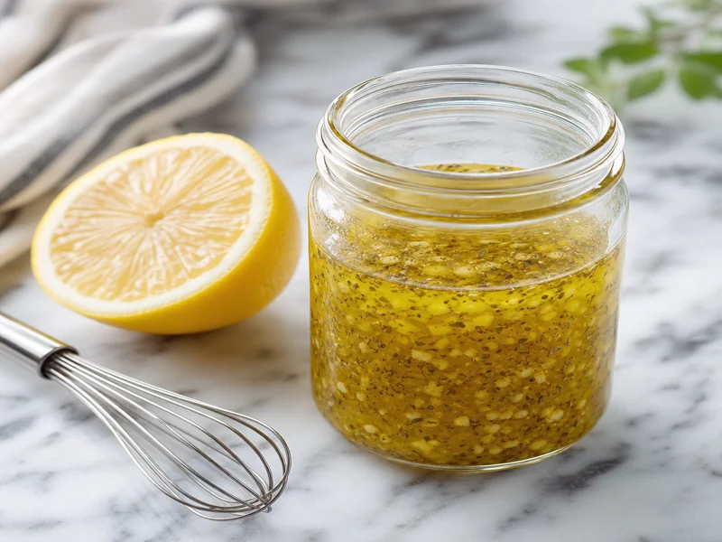 A glass jar with lemon-olive oil dressing being shaken with garlic and oregano visible