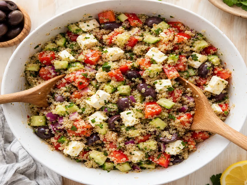 Finished Mediterranean quinoa salad tossed with feta cucumber tomatoes and olives in a serving bowl