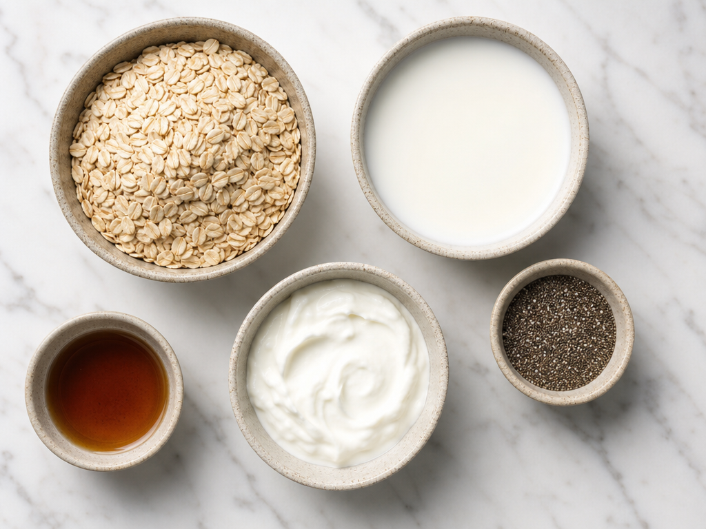 Mixing rolled oats, milk, yogurt, chia seeds, and maple syrup in a mason jar