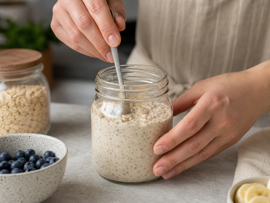 Ensuring oats are fully submerged in the milk and yogurt mixture
