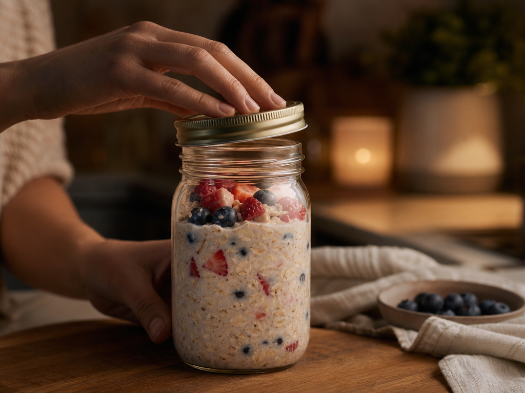 Sealed mason jar of overnight oats going into the refrigerator