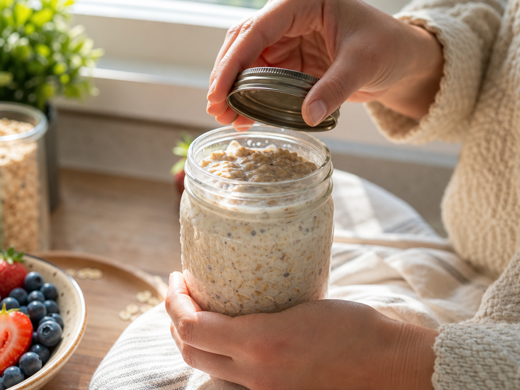Stirring thick and creamy overnight oats in the morning