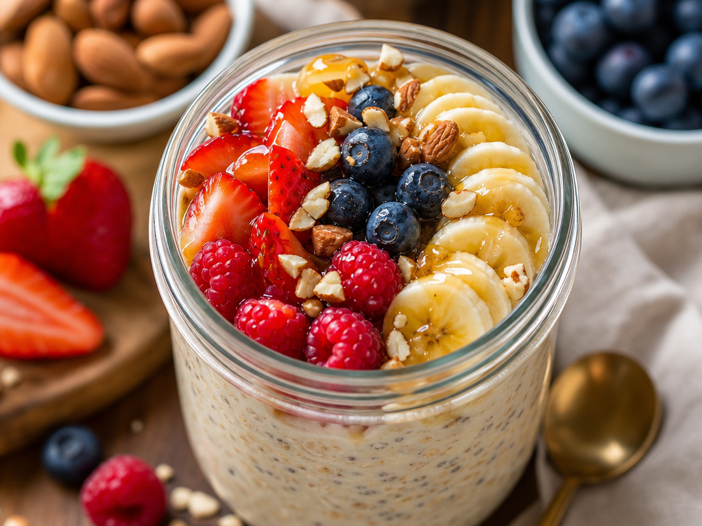 Adding fresh berries, banana slices, and nuts as toppings to overnight oats