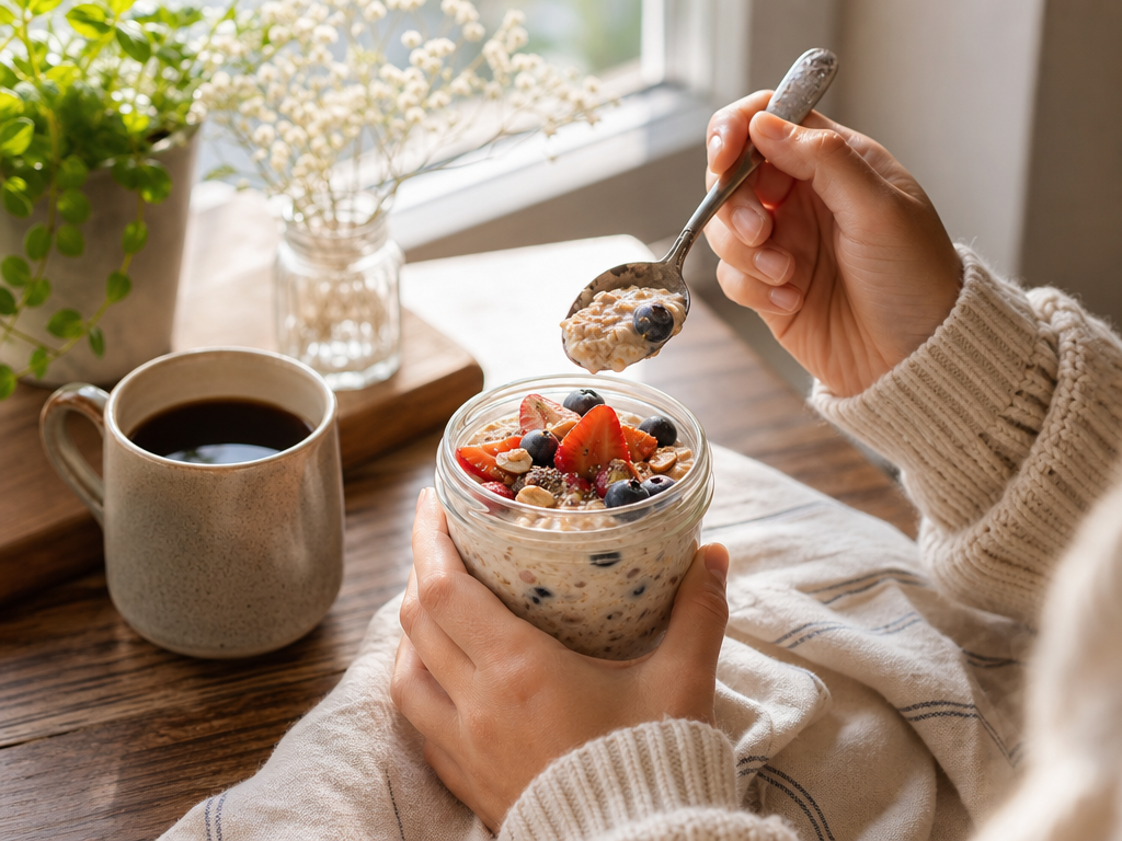 Finished overnight oats with toppings ready to eat