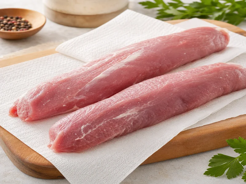 Pork tenderloins patted dry on a cutting board with paper towels