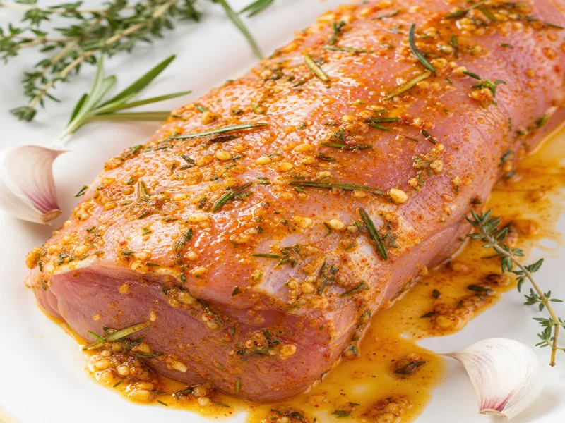 Garlic-herb paste being rubbed over a pork tenderloin