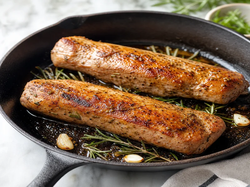 Pork tenderloin searing brown in a hot cast-iron skillet