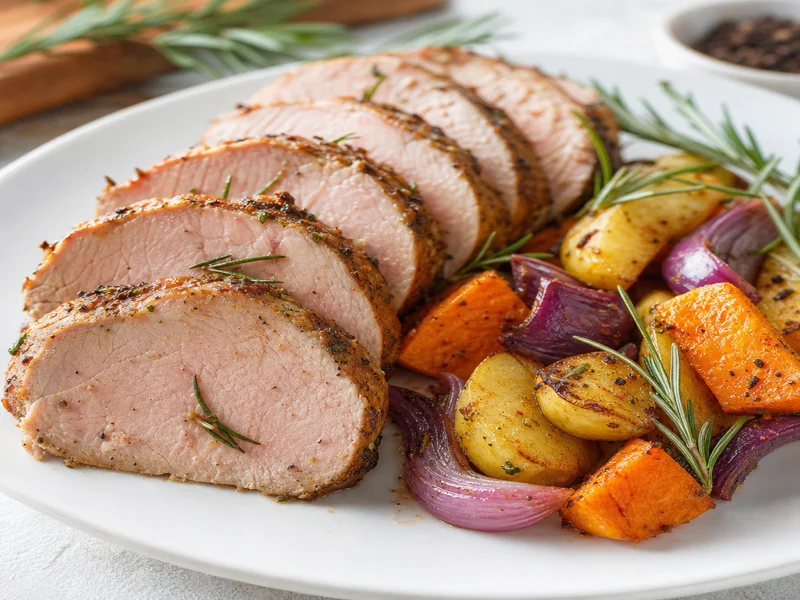Sliced roasted pork tenderloin medallions plated with roasted vegetables